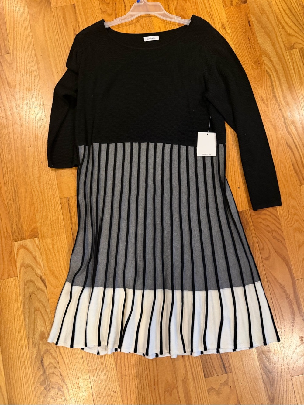 Calvin Klein Black, Gray & White Pleated Knit Dress